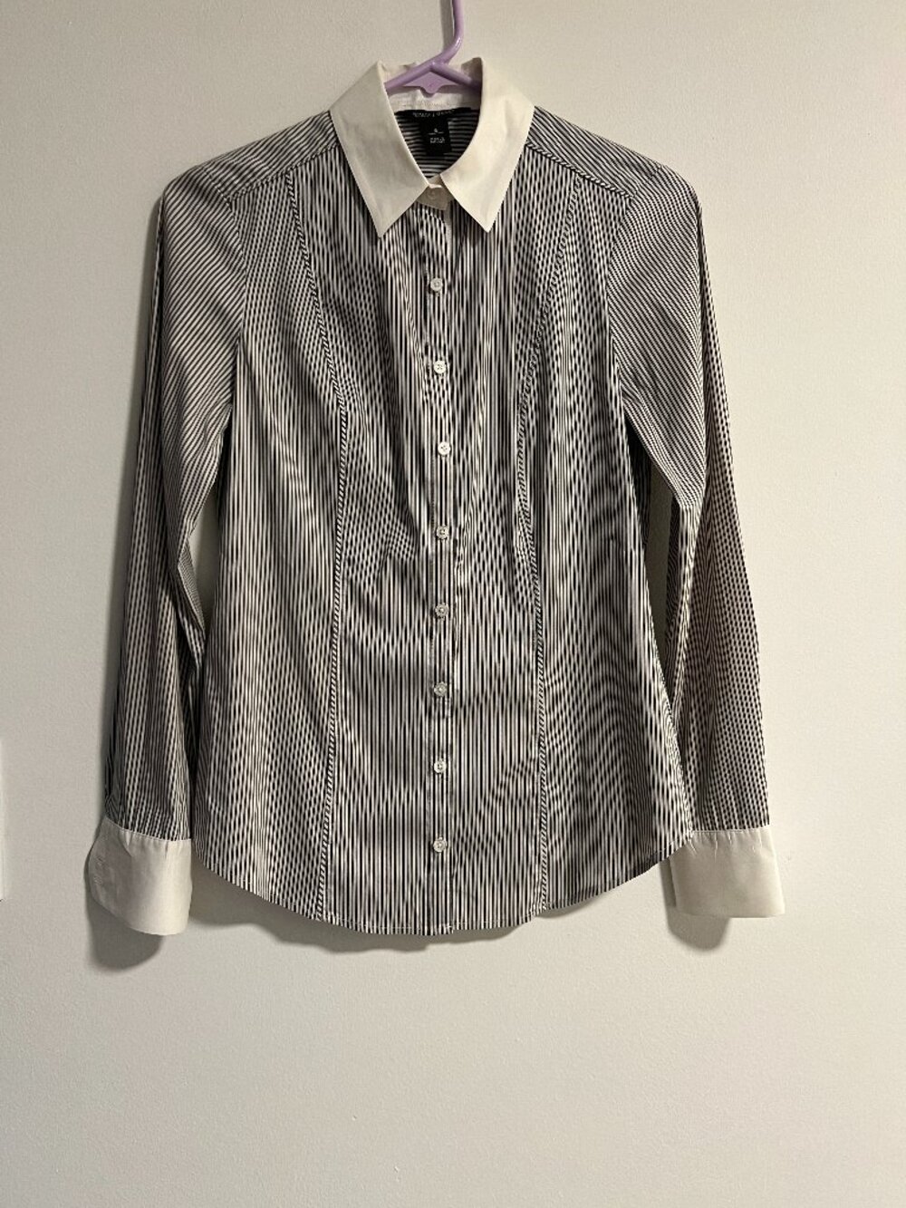 White House Black Market Striped Button Front Blouse Size 2 Contrast Collar